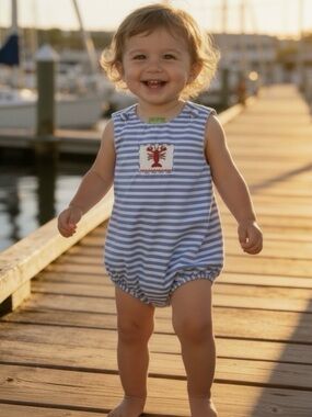Classic Whimsy 2T Blue & White Striped Kids Romper w Hand Smocked Red Crab Motif